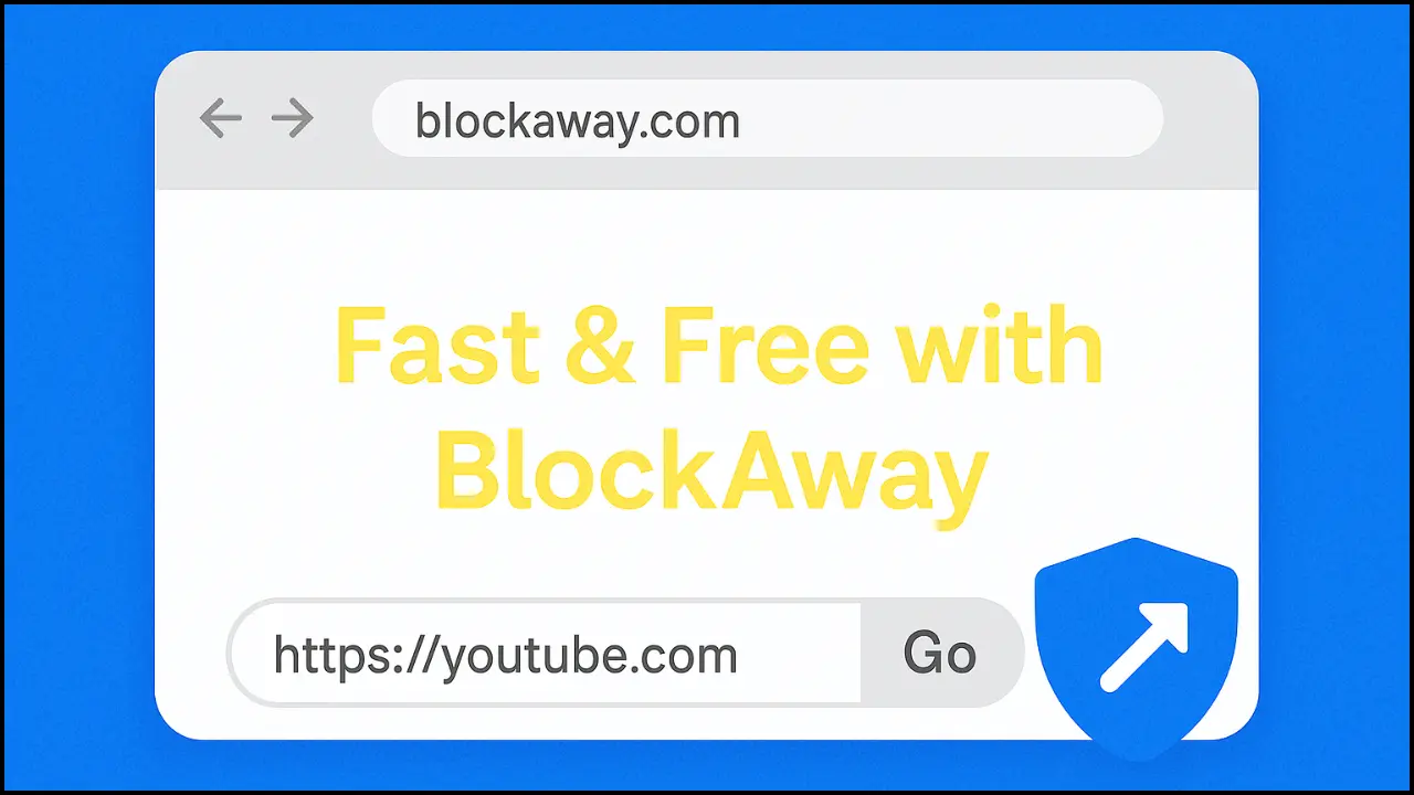 BlockAway web proxy browser mockup with URL bar and shield icon