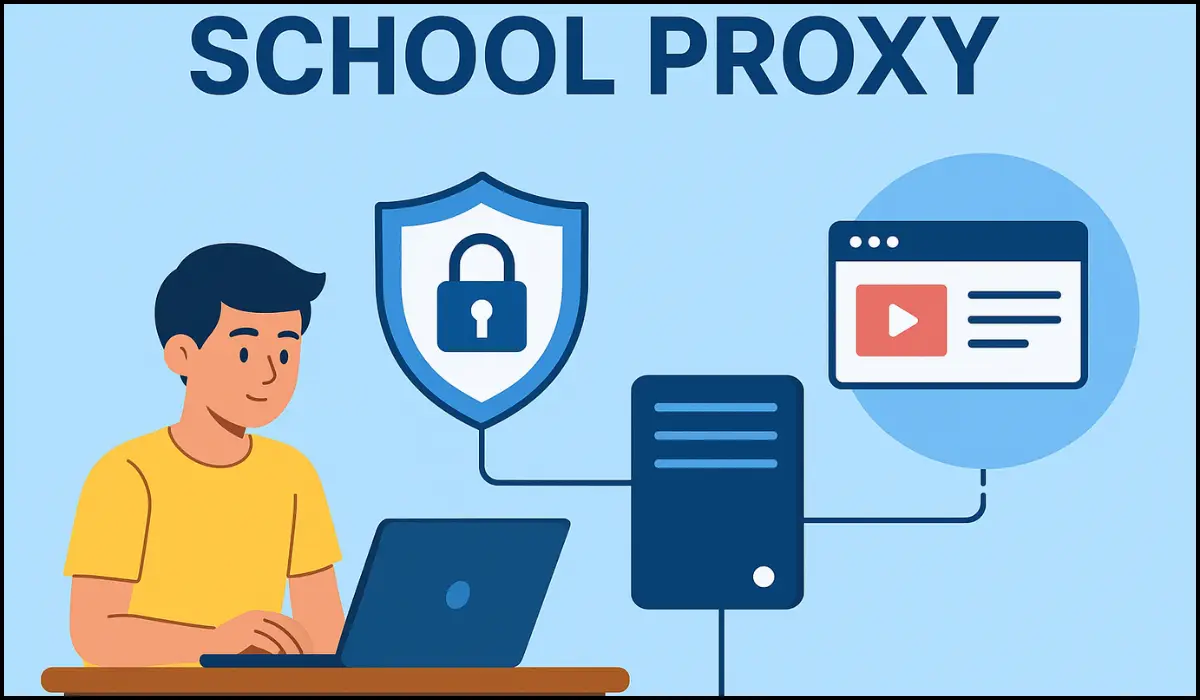 Student using laptop with digital shield, accessing blocked sites safely at school.