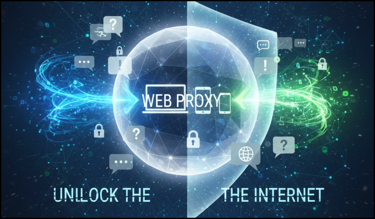 Abstract digital illustration showing a glowing sphere labeled "WEB PROXY" positioned at the center of a split screen, representing secured vs. unsecured internet access, surrounded by data streams, question marks, and lock icons.