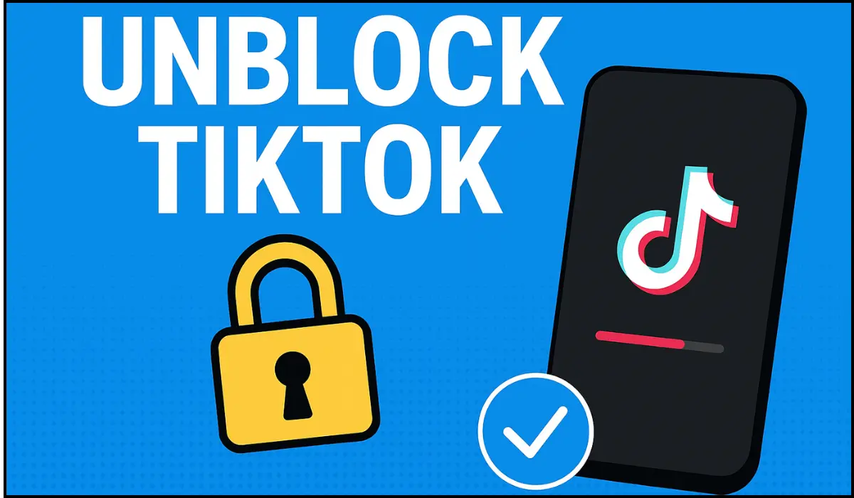 Illustration showing a TikTok app icon, unlocked padlock, and checkmark symbol representing how to unblock TikTok safely.